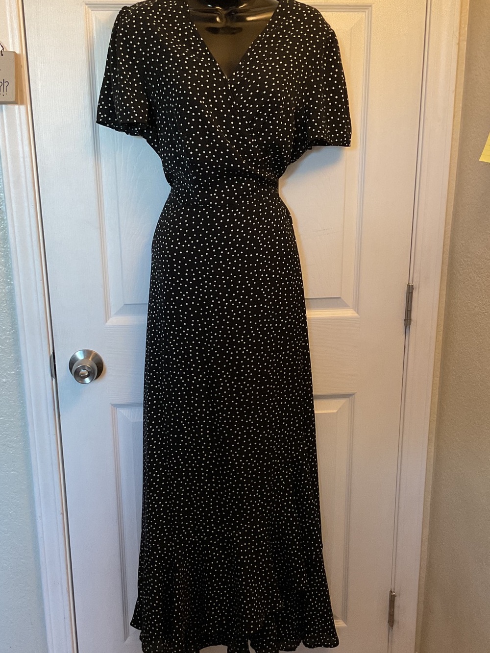 Black Polka Dot Wrap-Style Maxi Dress